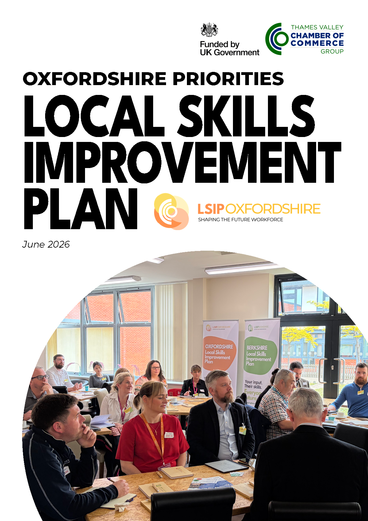 Oxfordshire Priorities Report June 26_Page_01 | Thames Valley Chamber of Commerce Event poster header reading 'OXFORDSHIRE PRIORITIES LOCAL SKILLS IMPROVEMENT PLAN' with a circular photo of a conference room filled with attendees and banners in the background at the bottom.