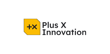 Plus X Innovation logo: yellow hex badge with a black +x symbol, followed by gray text 'Plus X Innovation' on a black background.