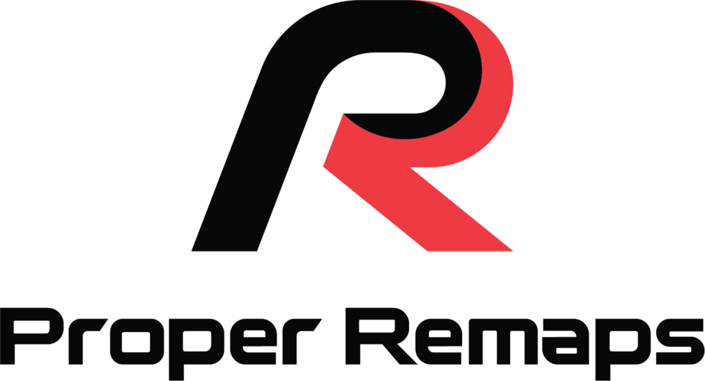 Logo for Proper Remaps with a stylized black and red P and the brand name beneath.