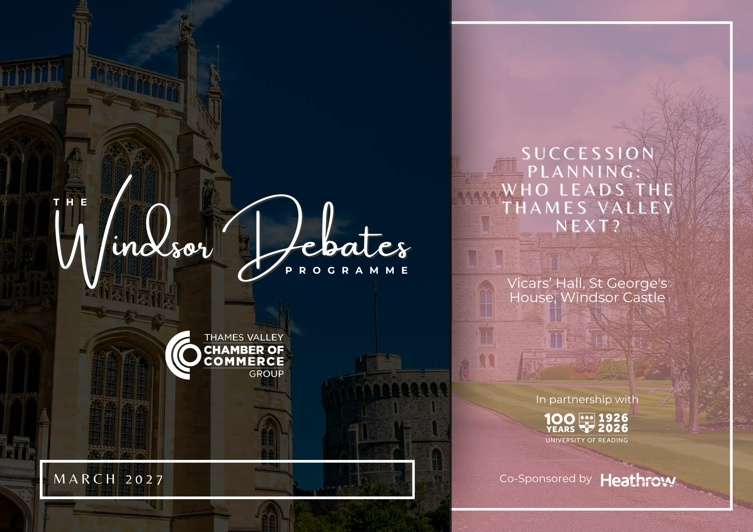 Split poster promoting Windsor Debates: left panel with a Gothic building and 'Windsor Debates Programme', right panel with 'Succession Planning: Who Leads the Thames Valley Next?'