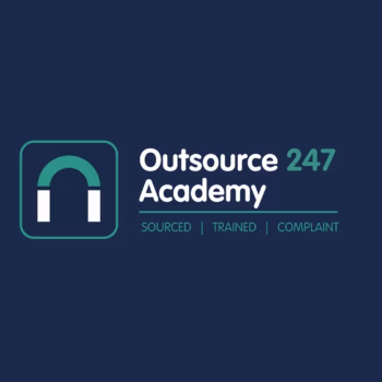 Teal-outlined rounded-square logo with a white lowercase 'i' on a dark blue background, beside the white text 'Outsource' and partial teal 'Academy' lettering (logo hero).