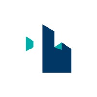 Abstract logo: dark blue geometric silhouette resembling a building with teal triangular accents.