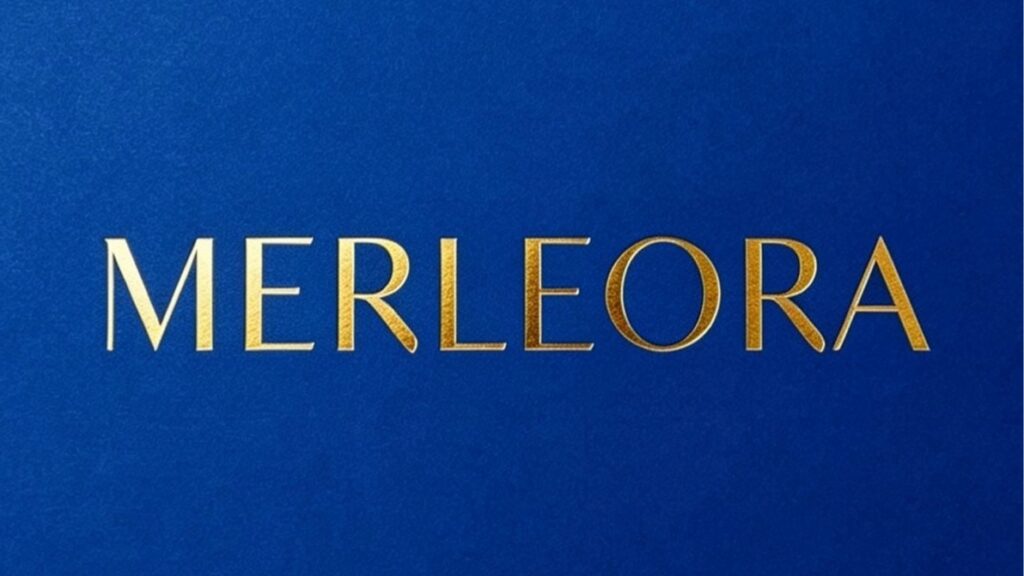 Brand name MERLEORA in gold lettering on a royal blue background (logo style).