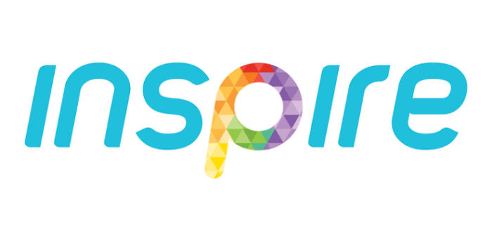 Inspire logo with turquoise lowercase letters and a multicolored geometric 'P' in the center.