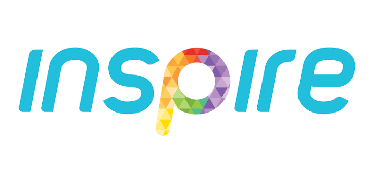 Inspire logo with turquoise lowercase letters and a multicolored geometric 'P' in the center.