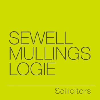 Logo for Sewell Mullings Logie Solicitors on a lime green background with the firm name in gray text and a line above 'Solicitors'.