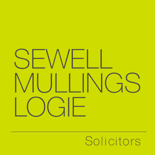 Logo for Sewell Mullings Logie Solicitors on a lime green background with the firm name in gray text and a line above 'Solicitors'.