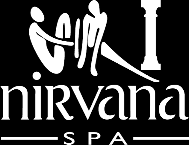 Nirvana Spa logo: stylized white figure performing a yoga pose above the word nirvana with 'SPA' below and decorative lines on black background