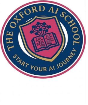 Logo for The Oxford AI School featuring a blue circular badge with a pink shield, book and network symbol, and the slogan 'Start Your AI Journey' around the edge