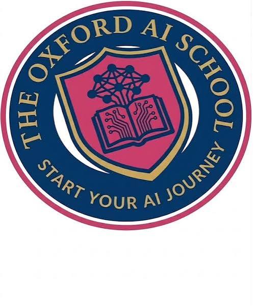 Logo for The Oxford AI School featuring a blue circular badge with a pink shield, book and network symbol, and the slogan 'Start Your AI Journey' around the edge