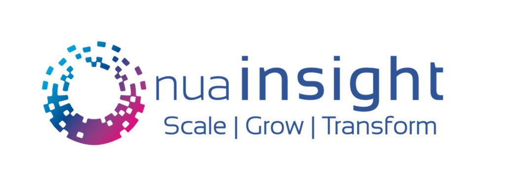 Logo for nuaInsight: circular gradient dotted spiral beside the word nuaInsight and the tagline Scale | Grow | Transform.