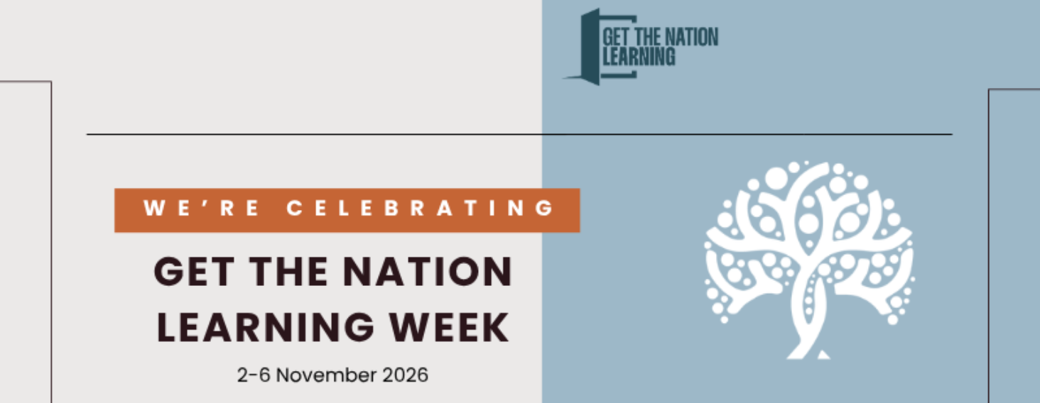 Banner announcing Get The Nation Learning Week, 2–6 November 2026, with a white tree icon on blue background.