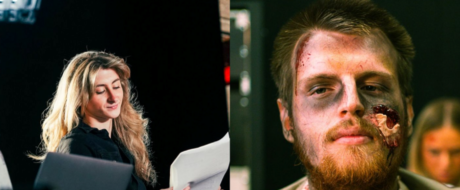 Split-screen image: left side shows a woman in a black shirt reading papers, right side shows a man with a bloody, injured face.