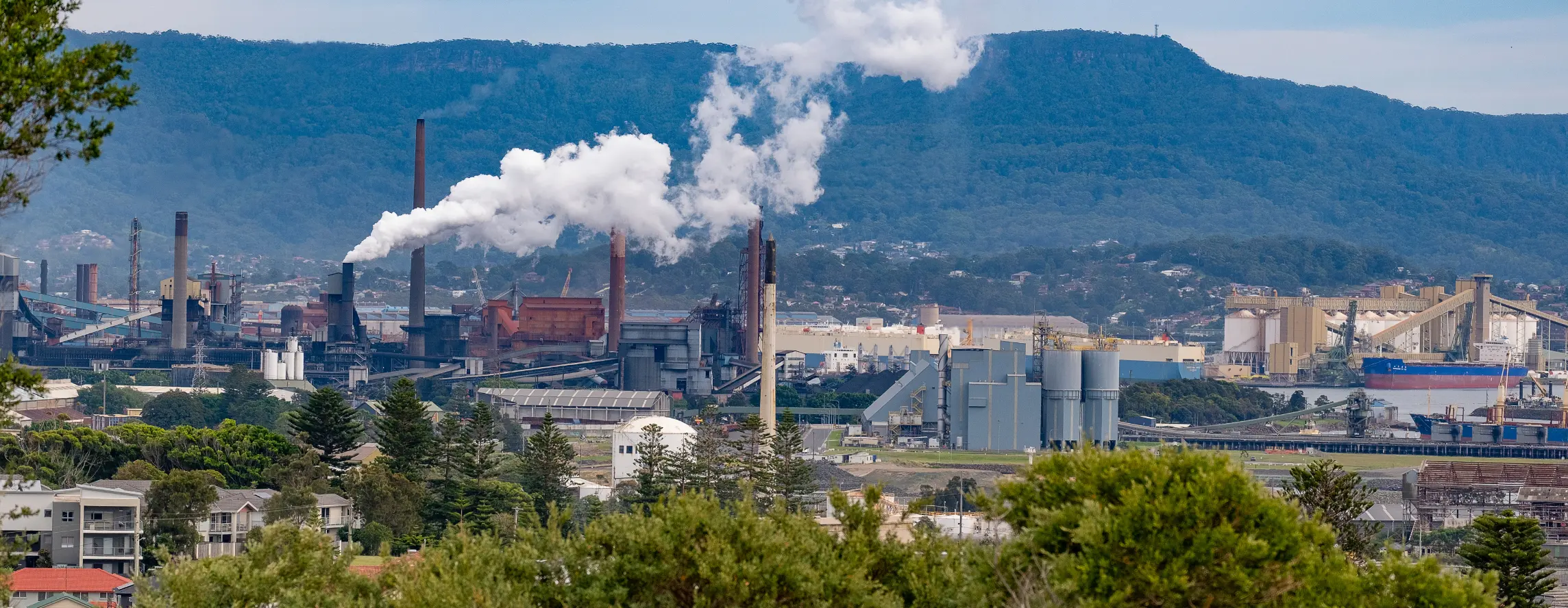 Industrial factory complex with tall smokestacks emitting white steam, set against green hills and trees in the foreground and background.