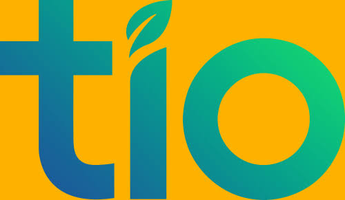Brand logo reading 'tio' in teal gradient with a leaf accent on the 'i' against an orange background.