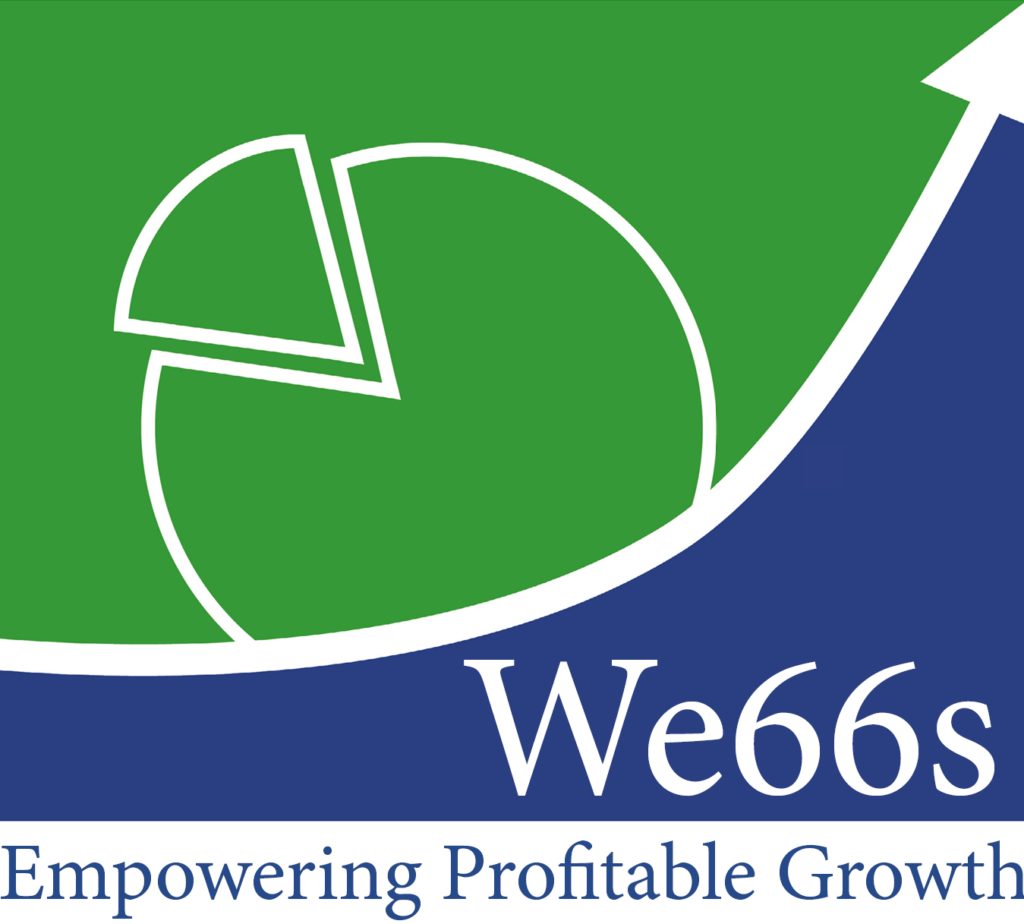 Logo with green and blue shapes, curved white arc, the text 'We66s' and the slogan 'Empowering Profitable Growth'