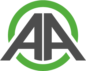 AA logo: gray monogram of two A’s inside a green circular ring