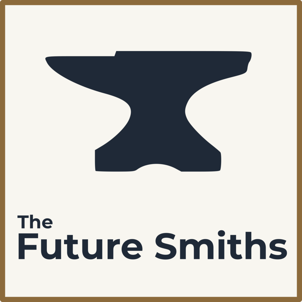 Poster-style image with a large navy abstract silhouette on a cream background and bold black text reading 'The Future Smiths' along the bottom edge.
